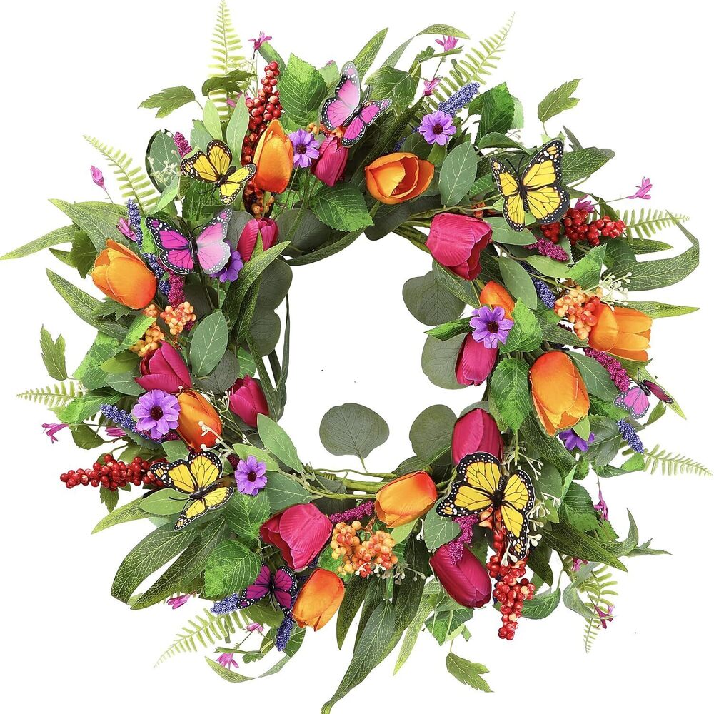 Spring Summer Wreath for Front Door 22 Inch Artificial Tulips Wreath